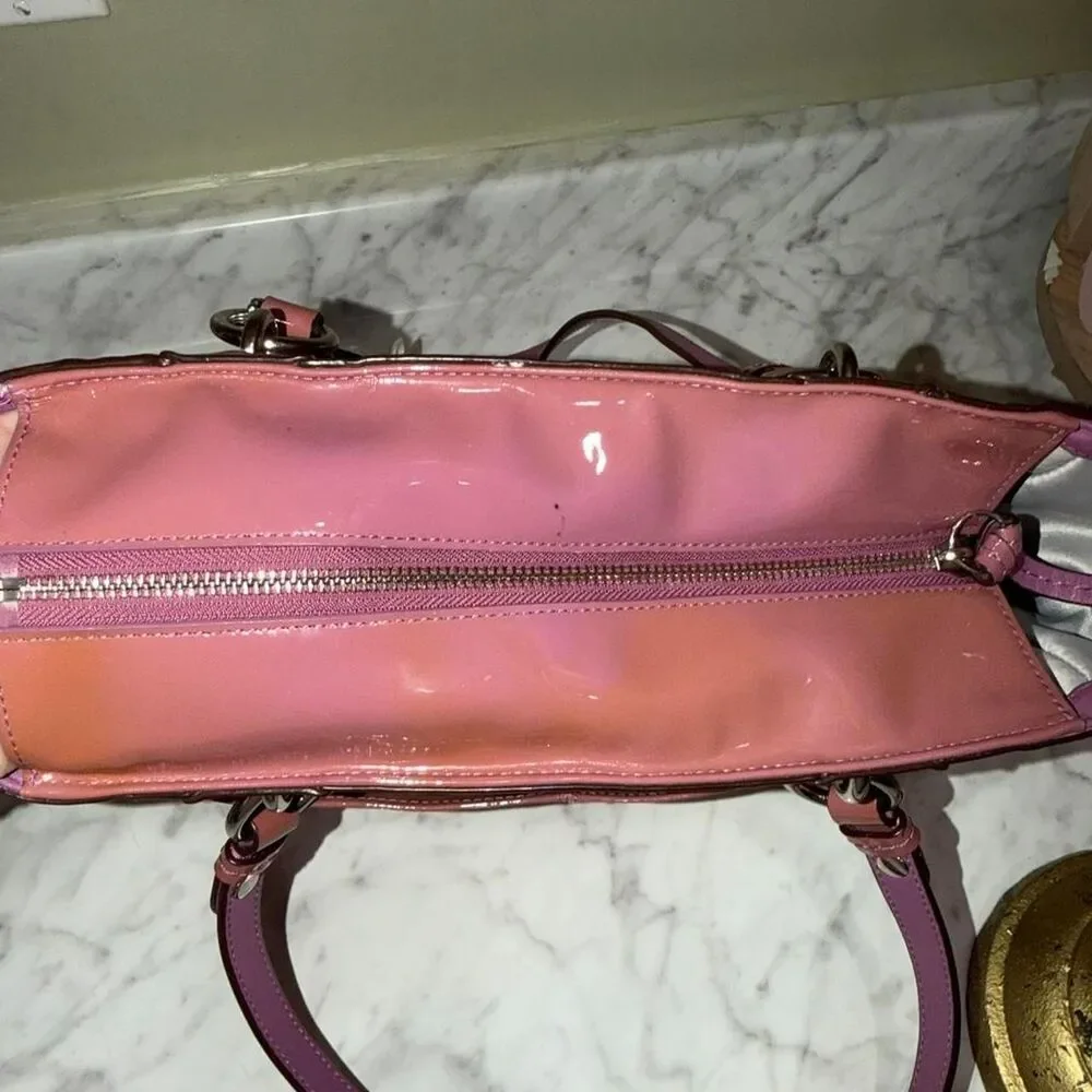coach gallery embossed signature patent leather tote mauve pink colorway